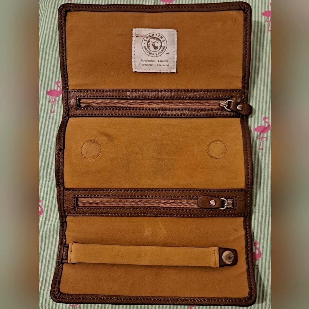 EUC Spartina 449 Beige Leather & Linen Jewelry Travel Vacation Roll Case Pouch - Picture 3 of 8